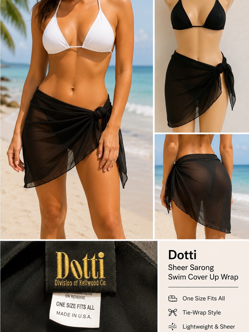 Dotti Black Sheer Sarong Swim Cover Up Wrap One Size